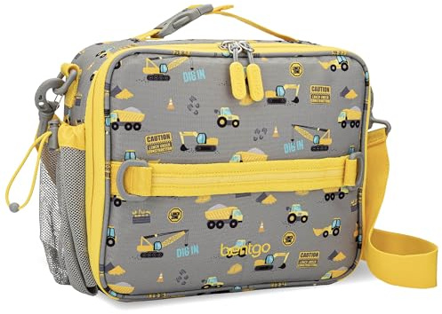 Bentgo Kids Lunch Bag - Durable, Double-Insulated Lunch Bag for Kids 3+; Holds Lunch Box, Water Bottle, & Snacks; Easy-Clean Water-Resistant Fabric & Multiple Zippered Pockets (Construction Trucks)