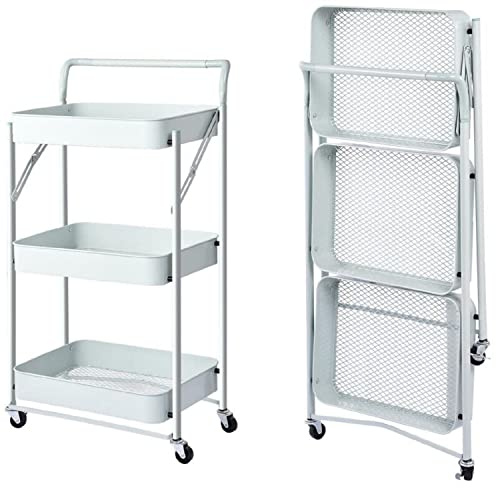 Megashopitalia Carrello Cucina Pieghevole Multiuso con Manico 3 Ripiani Cestelli 4 Ruote girevoli e Freno Integrato in Metallo Trolley Salvaspazio da Servizio Bianco