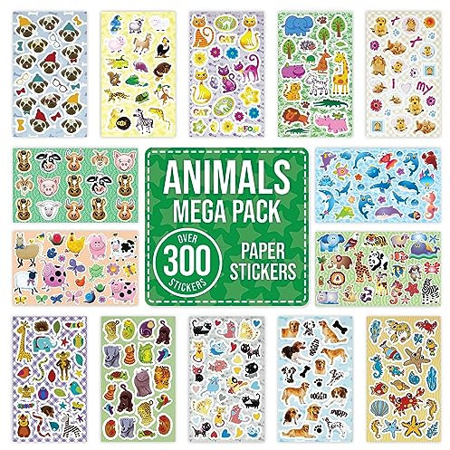 Animal Stickers for Children to Scrapbook, Craft, Decorate - Over 300 Self Adhesive Paper Stickers 14 Designs - Party Bag Fillers for Kids, Teacher Rewards - Dogs, Cats, Farm, Zoo, Rainforest