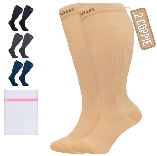 360 RELIEF 2 Pairs Compression Socks for Women & Men - 15-20 mmHg Travel Flight Socks – Graduated Support - Ideal for Running, Cycling & during Maternity -4XL, Beige with Laundry Bag