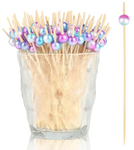 GUOYIHUA 200 Stück Cocktailspieße Bambus, 12cm Lange Cocktail Picks, Meerjungfrau Farbverlauf Perlen Fingerfood Spieße, Obstspieße, Süßigkeiten und Appetitanreger Holzspieße, für Party-Bar-Raves