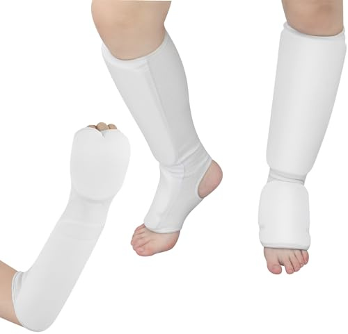 Cozypower 2 Pairs Taekwondo Sparring Gear for Kids Shin Guards and Fist Forearm Guards Protector Hand Foot Padded Arm Sleeves for Martial Arts MMA Karate Muay Thai(Large,White)