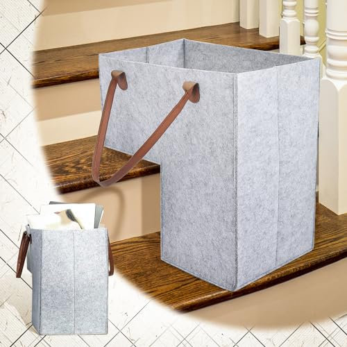 Cestino per scale,Cestino Portaoggetti Per Scale Cesto con manici in similpelle,per bucato, giocattoli, articoli per la casa (Grigio)