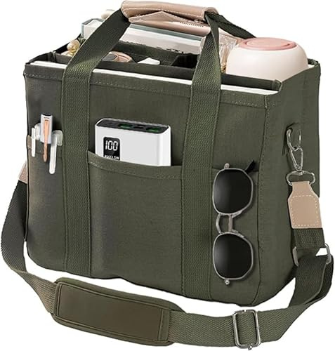 AioTio Sac à Main en Toile pour Femme Sacs à Bandoulière Homme Grande Sac Fourre Tout avec Bretelles Réglables avec Plusieurs Poches Organisée(Vert)