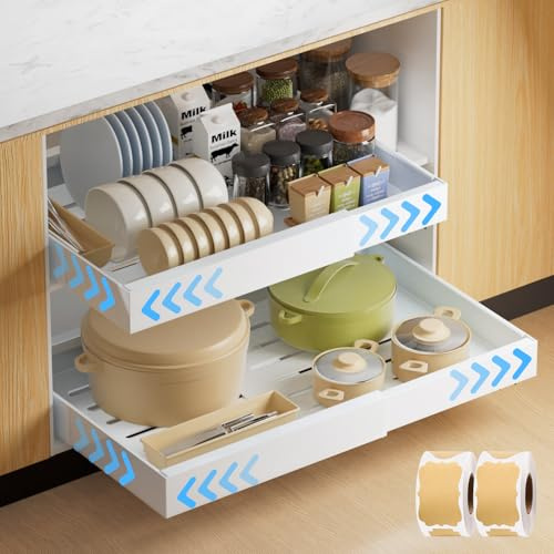 2 Pack Expandable Pull Out Cabinet Organisers No Drill, Pull Out Kitchen Storage, Slide Out Drawer Organiser Cupboard for Kitchen, Under Sink, Pantry, Bathroom, Adjustable Width 31cm to 52cm, White