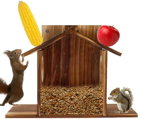 Foppla Comedero de ardillas, casa de alimentación de ardillas de madera, estaciones de alimentación de ardillas de gran capacidad, estación de alimentación de ardillas fácil de llenar para cacahuetes