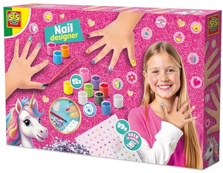 SES Creative 14729 Unicorn Nail Designer - Creative Nail Art Kit for Kids Aged 6+ - Includes 12 Water-Based, Washable Nail Polishes in Vibrant Colors, Pink