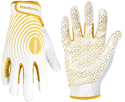 HANDLANDY Guantes de fútbol americano juvenil, guantes receptores anchos adhesivos para niños y adultos, guantes de fútbol de ajuste elástico negro y dorado (blanco y dorado, juvenil XS)
