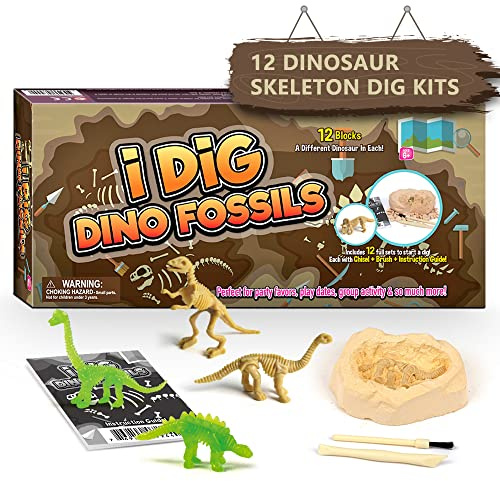 Byncceh Kit d'excavation de fossiles de dinosaure pour enfants - Avec 12 os préhistoriques et fossile de dinosaure lumineux - Jouet pour garçons et filles de 6 à 12 ans - Cadeau d'anniversaire cool