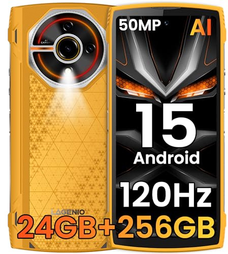 LAGENIO Panther 2 Pro Smartphone Portable Incassable, 24GO+256GO/1To TF, Android 15 Téléphone Incassable, 50MP+8MP, 5150 mAh, 6.7 HD+ 120Hz Smartphone Incassable Étanche, GPS/OTG/3 Card Slot, Dune
