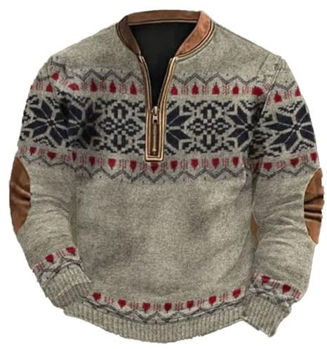 Generisch Men's Norwegian Style Knitted Jumper - Troyer with Zip and Elbow Patches | Traditional Winter Jumper for Men