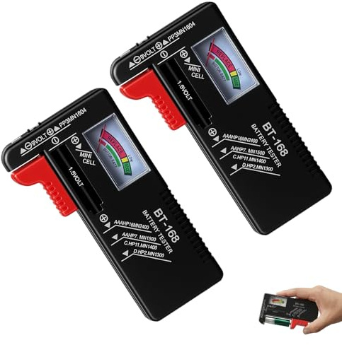 2 unidades de probador de batería BT-168, dispositivo universal de prueba de batería para pilas AA AAA C D 9 V 1,5 V, comprobador de batería analógico compacto para pilas estándar y recargables, fácil
