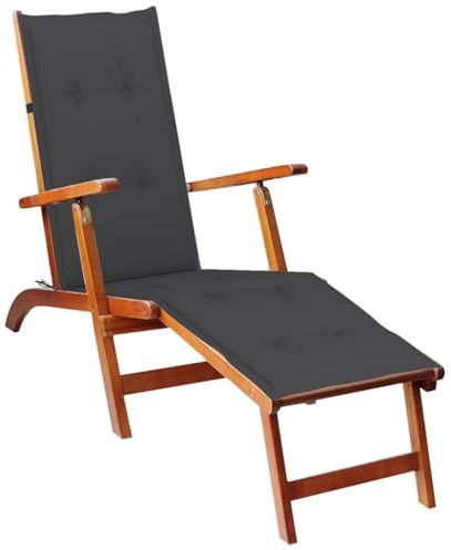 Mhdvray Sedia a sdraio in legno di acacia con cuscino, antracite, 167 x 56 x 75 cm, regolabile in 3 posizioni, pieghevole, per giardino, balcone, terrazza