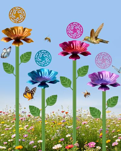 4 Pack Bee Watering Station with Floating Bee Island, Double Layers flower shaped bee cups for garden, Metal Butterfly Bird Drinking Bath for Outdoor Garden Yard Decor (Red, Blue, Yellow, Purple)