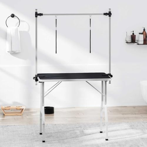 QUAHEAS Tavolo da toelettatura con 2 passanti per cani e gatti, pieghevole, telaio in acciaio verniciato a polvere, superficie in gomma antiscivolo, regolabile in altezza, 105 x 61,5 x 160 cm, stabile