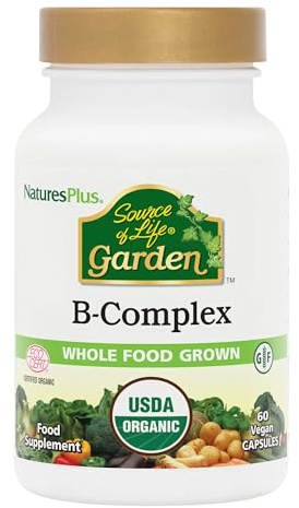 NaturesPlus Source of Life Garden Vegan Organic B Complex Supplement - Folate, Biotin, Methylcobalamin – Natural Plant-Based Vitamins - Energy, Immune, Skin, Metabolism – Gluten Free, 60 Capsules