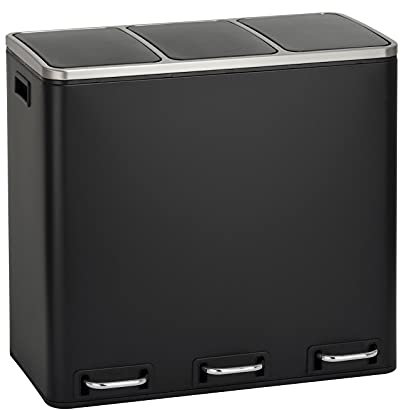 SVITA TM3X18 Mülleimer mit 3 Fächern Papierkorb 54L Treteimer Abfalleimer Recycling Mülltrennung 3 x 18 Liter pulverbeschichteter Stahl Schwarz mit Griffen