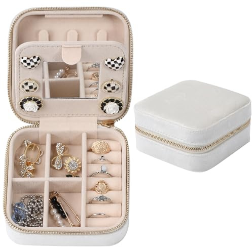Dajasan Velvet Jewelry Box, Mini Travel Jewelry Case, Portable Travel Jewelry Organizer with Mirror for Birthday Mother's Day Valentine's Day(Beige)
