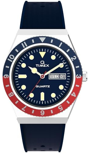 Timex Q Herren-Armbanduhr, 38 mm, blaues, synthetisches, zweiteiliges Armband, blaues Zifferblatt, Edelstahlgehäuse TW2V32100