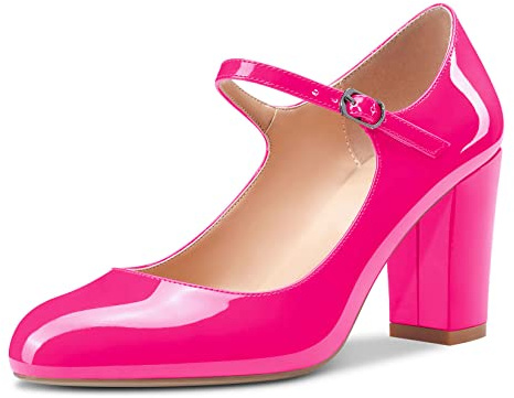 Castamere Femmes Mi Bloc Chunky Talon Heel Rond Bout Escarpins Mary Jane Lanières Cheville Bureau Party Dress Chaussures 8.5 CM Heels Magenta Rouge 37 EU