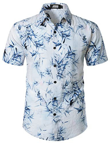 JOGAL Men's Hawaiian Shirt Short Sleeve Button Down Shirt BlueBamboo S