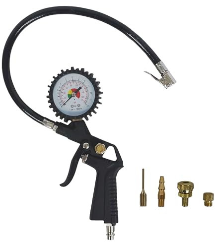 siwitec Reifenfüller mit vier Adaptern (Ballnadel, Dunlop/Sclaverand-Ventil, Autoventil, dreistufiges Ventil) | Manometer bis max. 12 bar | Reifendruckprüfer | Luftdruckprüfer | Zubehör Kompressor