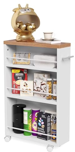 LITTLE TREE 4 Tier Rolling Cart with Wheels, 6.3 Inch Slim Storage Cart, Wooden Snack Cart with Narrow Shelf, White Laundry Room and Bathroom Organizer Shelves