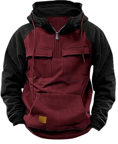 Tactical Hoodies For Men Uk, Quarter Zip Hooded Sweatshirt Utility Daily Cargo Work Hoodies Long Sleeve Casual Plain Pullover Hoody Tops Multi Pockets Solid Workout Gym Sports Outdoor Sports Coat