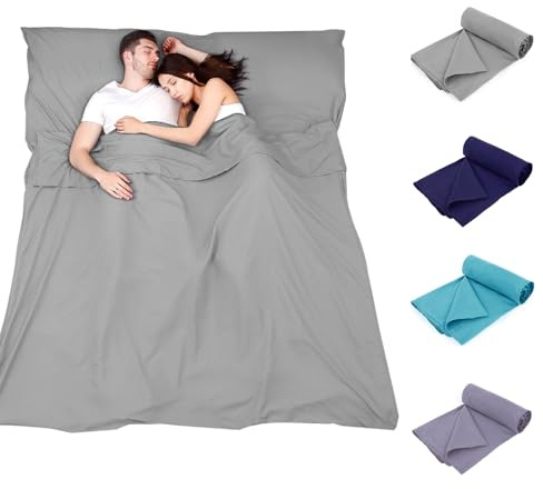 Plliocse Sleeping Bag Liner Travel Sheet Sleeping Bag, Double Size 180 x 210 cm Sleeping Bags Liners with Pillow Pockets for Adults, Travel, Hotels, Business Trip, Camping (Grey, 180cm x 210 cm)