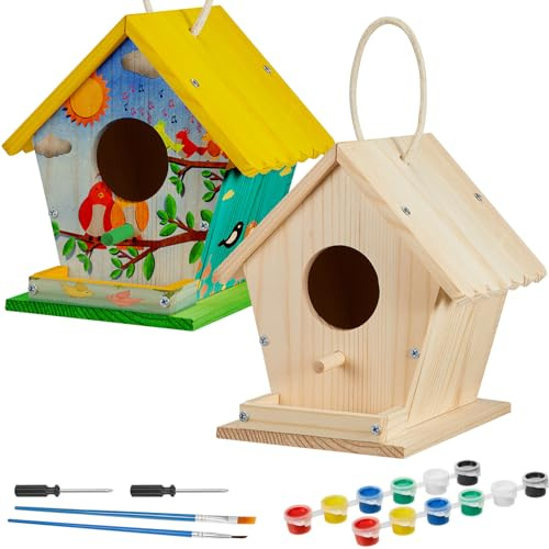 Juexica 2 Pack DIY Birdhouse Kits for Kids Ages 6+ Build and Paint Wooden Bird House Arts and Craft Project with Paint Strips Brushes for Boy Girl Adult Classroom Indoor Outdoor Crafts (Rotundity)