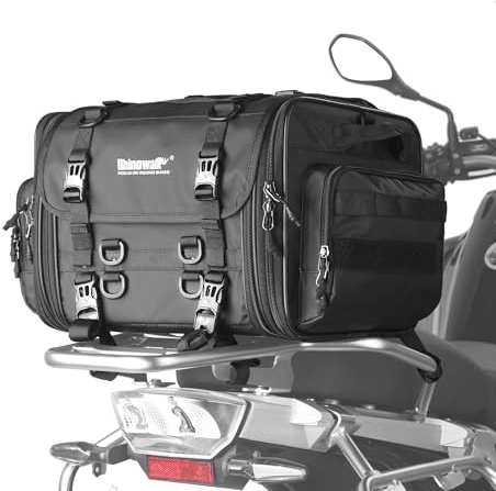 Rhinowalk Motorrad-Hecktasche, erweiterbar wasserdichte Satteltasche, robuste Motorrad-Helmtasche mit Regenschutz & Gurten, Touring-Gepäck für Powersports-Reisen Schwarz (33–45L)