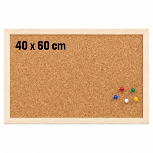 KAV Cork Notice Board 40X60cm with 6 Push Pins & 2 Hooks, 10mm Thick Natural Cork Pin Board with Classic Wooden Frame, Self-Healing Memo Board for Office, School & Home - Brown (Pack of 2)