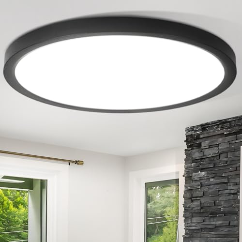 Laittiin - 2ER Lámpara de techo (30 cm), color negro, lámpara de baño, 24 W, iluminación de techo redonda para dormitorio, 6000 K, para cuarto de baño, pasillo, cocina, balcón