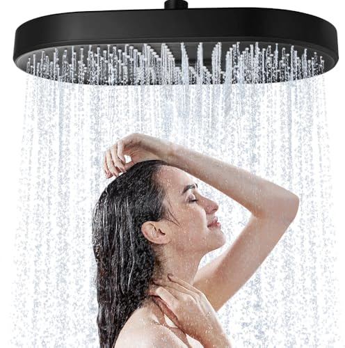 JINYOMFLY Cabezal de Ducha Lluvia Grande, 35cm Grande Alcachofa de Ducha con Boquillas de Silicona Líquida, Rociador de Ducha Exterior, Negro