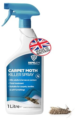 REPELEM Carpet Moth Killer Spray - Large 1L Instant Action Moth Killer & Moth Repellent, Kills Moths at All Life Stages, Non-Staining Professional Strength Carpet Insect Killer, 3 Months Protection