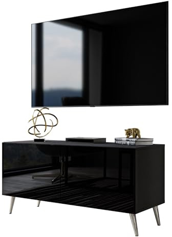 Lookway Moderner TV-Schrank COLGANTE 100 cm in Schwarz Hochglanz auf schrägen Onyx-Beinen mit optionaler LED-Beleuchtung (Beine: Silber Chrom, mit LED Beleuchtung)