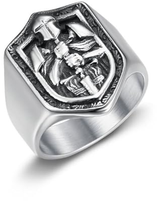 Anillo Caballero Rey Arturo Escudo de Titanio Acero Amuleto, Oro & Plata Espíritu Caballeresco Mesa Redonda Protección Joyería Medieval