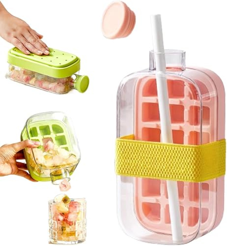 Contenitore per cubetti di ghiaccio con cannuccia, 2-in-1 in silicone, rilascio con un pulsante, senza BPA, per ufficio, viaggi e sport (Rosa, 800ml)