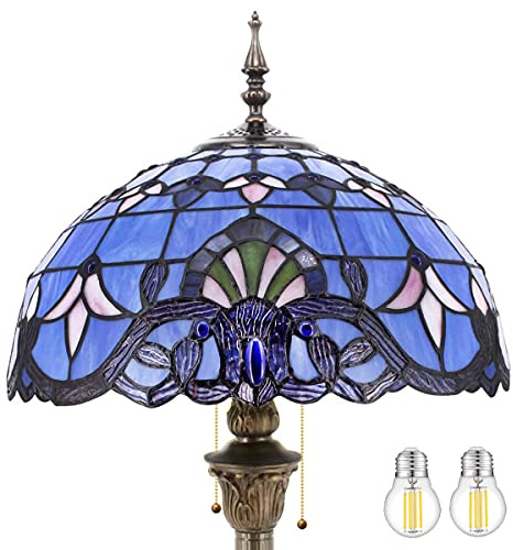 WERFACTORY Tiffany Floor Lamp Blue Purple Baroque Stained Glass Standing Reading Light 16X16X64 Inches Antique Pole Corner Lamp Decor Bedroom Living Room Home Office S003C Series