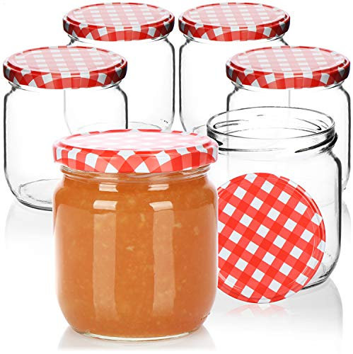 com-four® 6x bocaux Mason avec bouchon à vis à carreaux rouge/blanc - TO Ø 82 mm - jusqu'à env. 425 ml