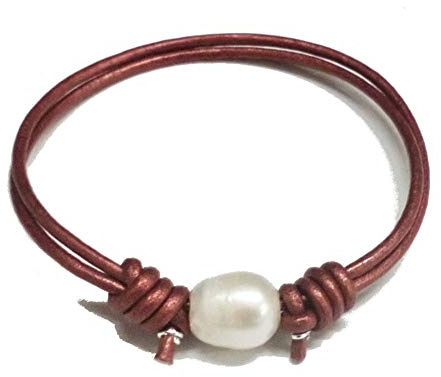 perlascarel Pulsera Perla Cultivada 11 mm y Cuero Color Bronce Ajustable