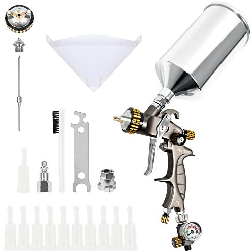 BEETRO HVLP luftspruta pistol 1,7 mm munstycke 1 000 ml kapacitet 14,5 CFM 30-43 psi med 11 filter 10 filter 190 m luftkontrollventil 6,35 mm kontakt och typ 2-adapter