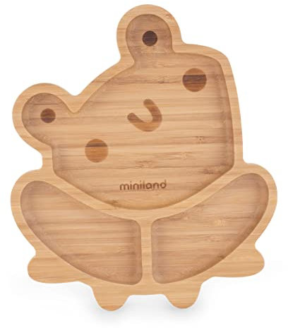 Miniland Wooden Plate Frog. Plato BLW de madera de bambú certificada FSC con compartimentos y ventosa, Natural y verde, 89472