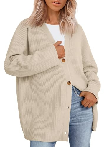 LILLUSORY Women Oversized Cardigan Sweater 2025 Fall Outfits Cloth Fashion V Neck Knit Button Front Casual Trendy Tops Apricot Medium