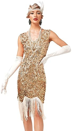 Odizli Vestido de mujer vintage con lentejuelas brillantes de los años 20 con flecos, sexy, sin mangas, cuello en V, boda, fiesta, cóctel
