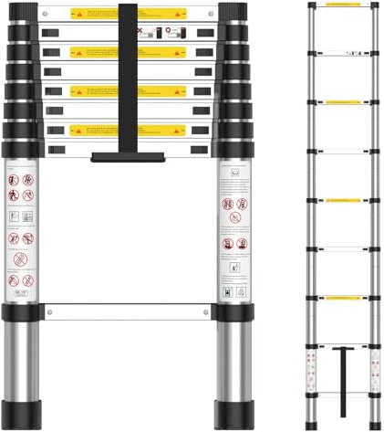 arvioo Teleskopleiter, Ausziehleiter mit 9 Sprossen, Max. Arbeitshöhe 3,4 m, Mit Klettverschluss, Leicht zu Verstauen & Transport, Klappbar, Platzsparend, Belastbar bis 150 kg (Leiterlänge 2,6 m)