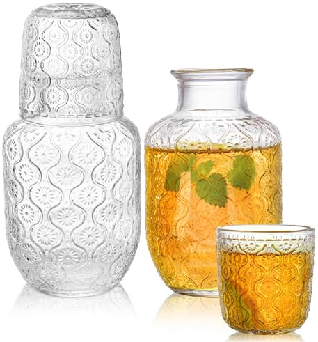 AVLA 4 Pcs Bedside Water Carafe and Glass Tumblers, 20 OZ Clear Nightstand Pitcher with 5 OZ Cup Set, Glass Mouthwash Decanter Vintage Elegant Glassware for Juice, Kitchen, Bedroom, Bar, Bathroom