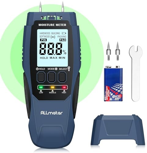 ALLmeter Humidimètre mural 2 en 1 Pin/Pinless Humidimètre pour bois avec écran LCD Alarme sonore et 4 modes de mesure pour matériaux de construction, murs, bois, métal, maçonnerie, cloison sèche, sol