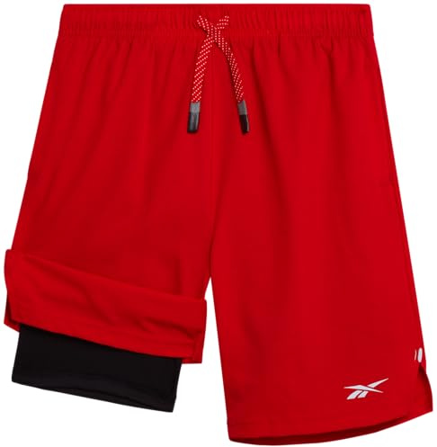 Reebok Boys Shorts - 2 in 1 Basketball Shorts with Compression Liner and Pockets - Gym and Running Boys Athletic Shorts, Size 10-12, Red