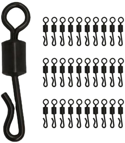 FYHJNC 30 Pcs Quick Change Fishing Swivels – Black Coated Brass Barrel Swivels with 360° Smooth Rotation for Carp, Sea & Bass Fishing – No Knot Needed